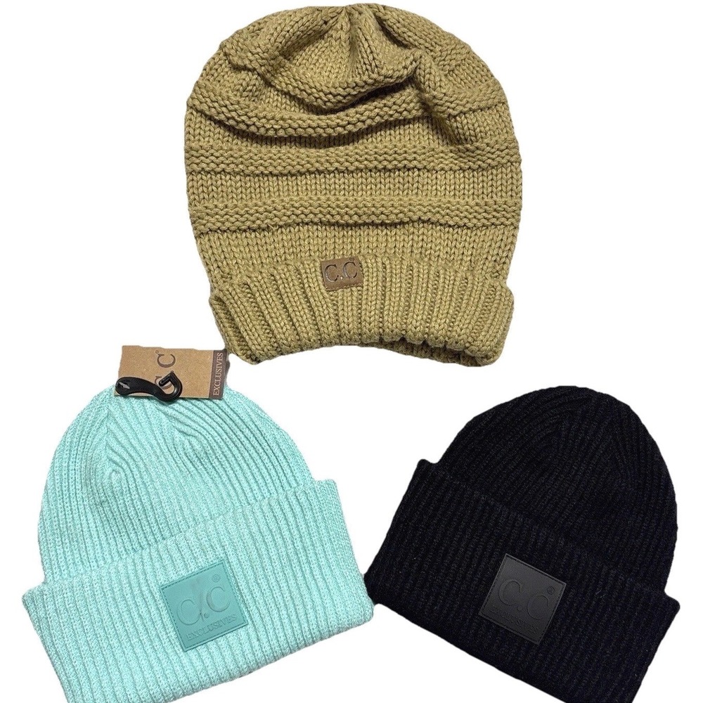 Lot CC Beanies Knit Hats 3‎ Black Mint Tan Ski Snow Winter Toboggans